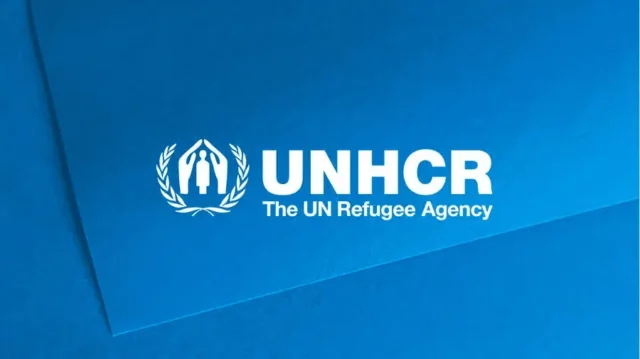 Blue background, with UNHCR logo and text reading UNHCR