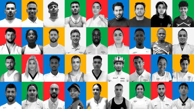 A composite image consisting of headshot photos of 36 Refugee Olympic athletes