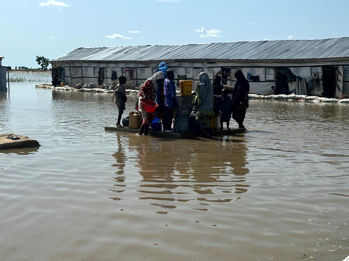 Eight people of varying age and size stand on a concrete platform collecting water as the landmass surrounding them is flooded with water. They each are carring buckets and in the background there is a shelter, draped with tarping displaying the UNHCR logo. The distant land still appears to be flooded.