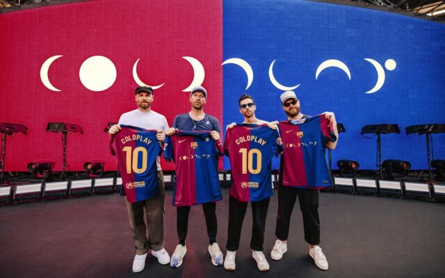 Four people hold up a jersey each. Each jersey is half red and half blue, so is the while behind them which displays different stages of the moon as well.