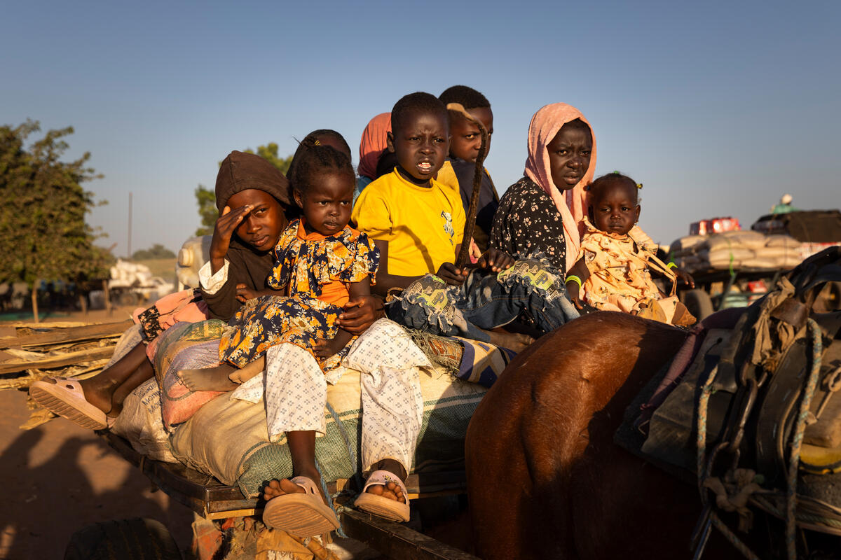 A group of eight women and children sit on top of a horse-drawn cart after crossing from Sudan into Chad.